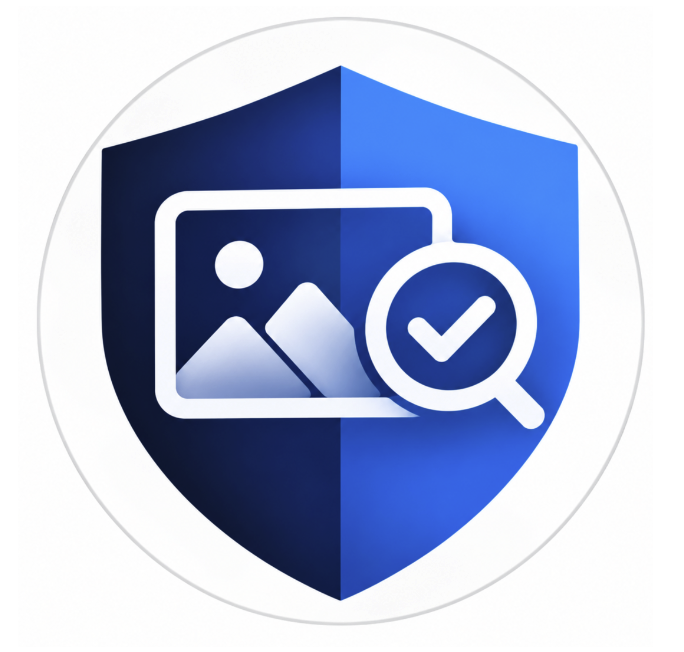 Authenticheck-logo: blauw schild met een afbeelding en vergrootglas met vinkje